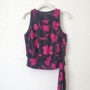 Banana Republic Black Fuschsia Floral Sleeveless Blouse XS Tie Waist Boho